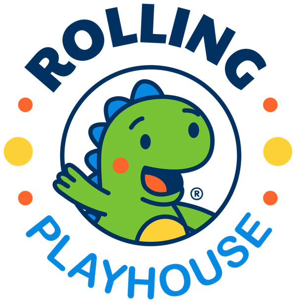 Insignia circular de Rolling Playhouse con el dinosaurio de la marca